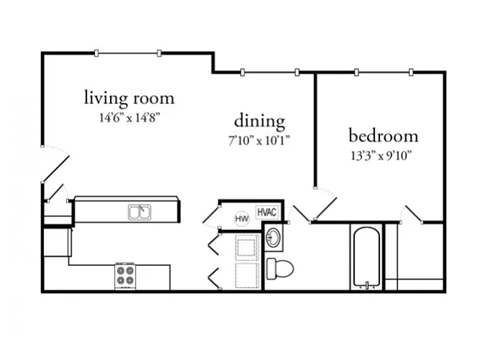 1 bed 1 bath Floor Plan at Meadow View Apartments and Townhomes, Springboro, OH